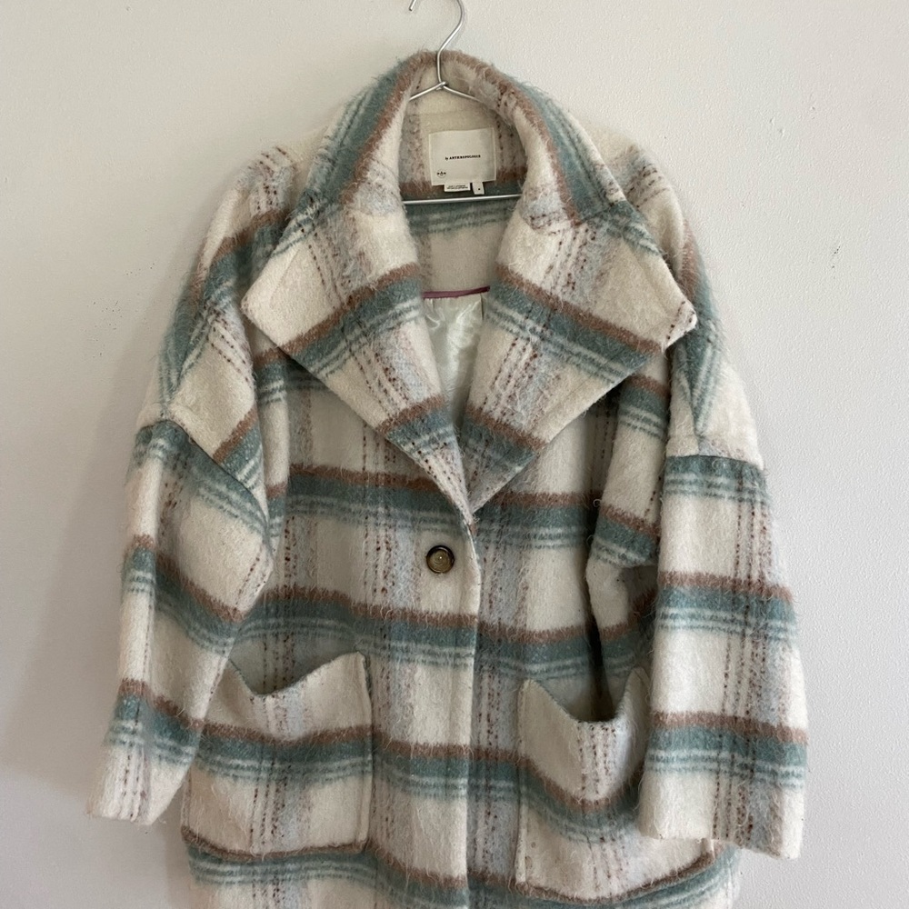 Anthropologie Cream and Blue Plaid Jacket